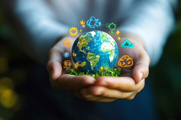 Fototapeta premium Sustainable world concept with hands holding a miniature Earth, surrounded by eco-friendly technology and renewable energy icons