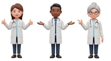 3D Medical Professionals in White Coats with Thumbs Up, Presenting, and Pointing Gestures on Plain White Background - Professional Vector Illustration Pack with AI File for Healthcare Industry