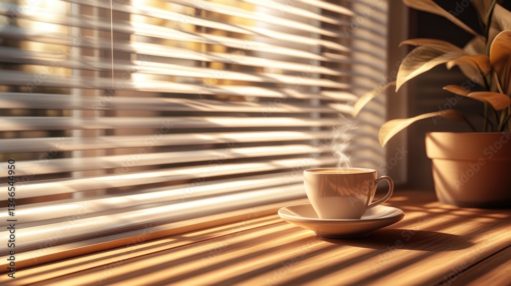 Poster a calm and serene scene with a steaming cup of coffee on a wooden table, gently illuminated by warm 