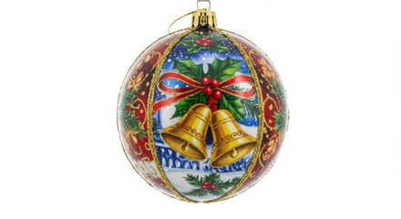 Christmas Ornament, Festive Holiday Bauble with Bells and Holly - Winter Holiday Decoration, Christmas Ball, Xmas Ornament