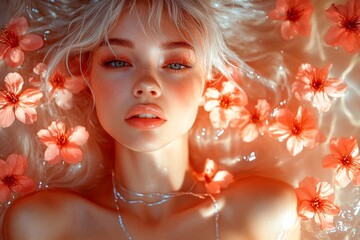 Spring mood, golden hour in sunset. Stunning caucasian young woman surrounded by cherry blossoms. Commercial promotion concept graphic visual design art. Woman enjoying cherry blossoms aroma.