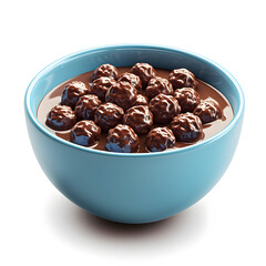 Obraz premium Chocolate cereal balls floating in chocolate milk in a blue bowl