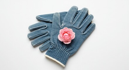 Blue Denim Gardening Gloves with Pink Ranunculus Flower; Stylish Work Gloves and Delicate Bloom Flat Lay Photography