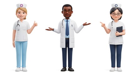 Obraz premium 3D Medical Team Characters in Professional Attire with Thumbs Up, Presenting, and Pointing Gestures on Plain White Background - Professional Vector Illustration Pack with AI File for Healthcare Sector