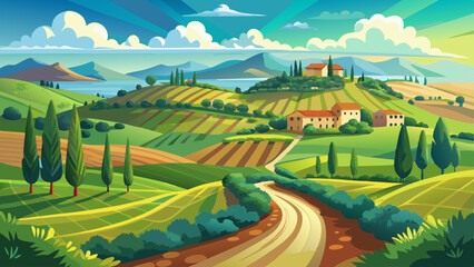 Beautiful Italian summer rural landscape; Countryside Panorama of summer green field with dirt road and sunny cloudy sky.