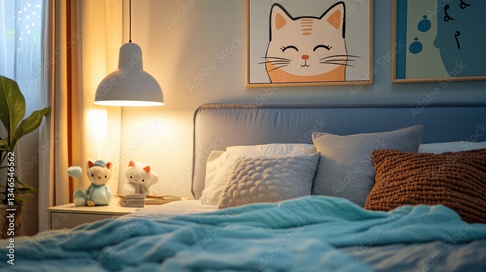 Poster a charming bedroom with a calming atmosphere, decorated with a cartoon cat canvas print, cozy textil