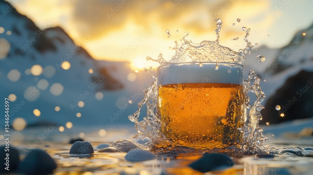 Poster a captivating image of beer splashing from a glass, with foam and droplets suspended in mid-air, fro