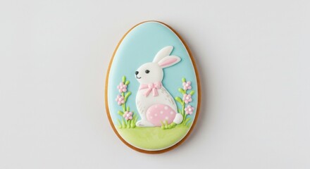 Easter Egg Cookie with Cute Bunny Rabbit and Spring Flowers;  Adorable Easter Bunny Shaped Sugar Cookie for Spring Holiday Decoration