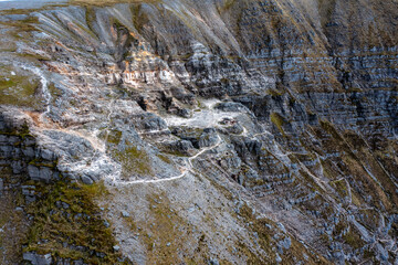 Aerial view of the Muckish mountain and the trail called miners path in county Donegal. Ireland