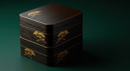 Elegant Japanese Bento Box, Stackable Wooden Lunch Box with Gold Floral Design - Premium Dark Wood Food Container