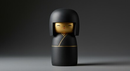Elegant Black Kokeshi Doll, Traditional Japanese Kokeshi Figurine - Gold Accents, Craftsmanship