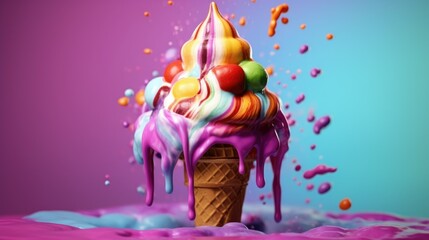 Obraz premium Colorful Ice Cream Cone with Assorted Flavors and Toppings on Pink Background