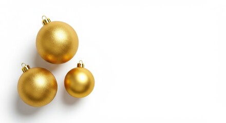 Elegant Gold Christmas Ornaments: Festive Holiday Decorations on White Background; Luxury Golden Baubles for Winter Holidays