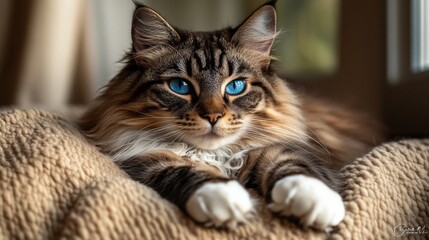 Fototapeta premium Fluffy blue-eyed tabby cat relaxing on cozy blanket by the window