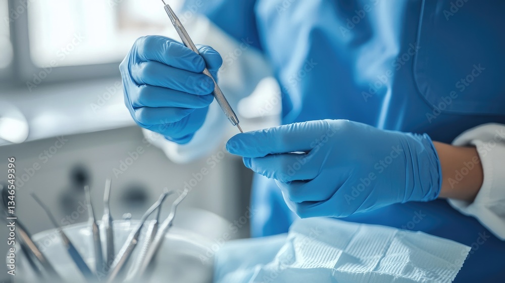 Poster a close-up of a dentist gloved hands skillfully using dental tools during a procedure, highlighting 