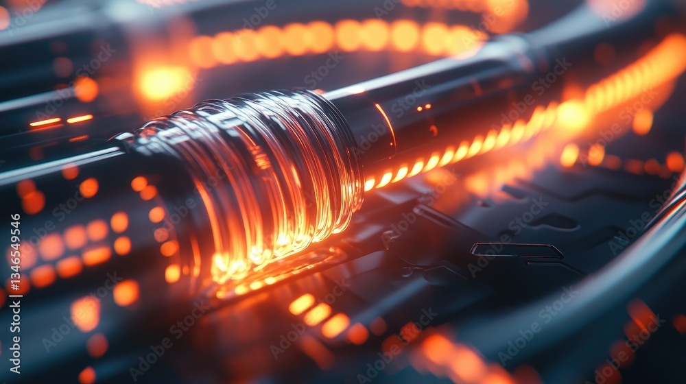 Poster a close-up of a fiber optic cable connector glowing and emitting light, the illuminated fibers creat