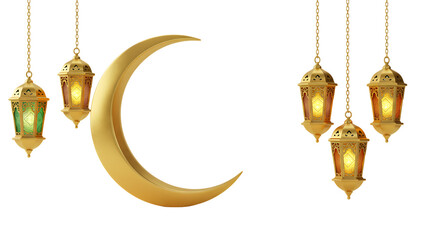 Golden crescent moon with hanging lanterns on a black background decoration art