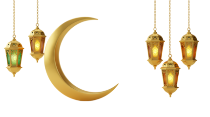 Golden crescent moon with hanging lanterns on a black background decoration art