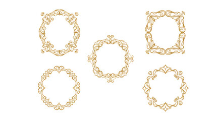 Five golden ornate frames with different shapes on a black background design