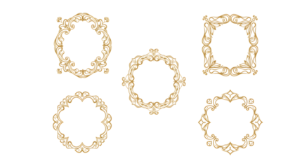 Five golden ornate frames with different shapes on a black background design