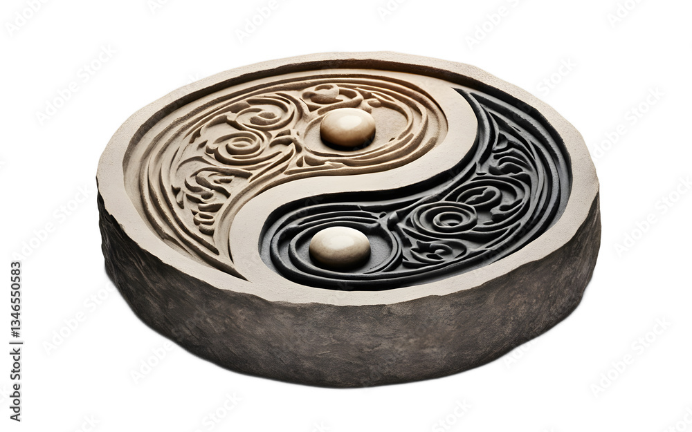 Fototapete an ancient yin-yang symbol stone carving isolated on a empty plain background