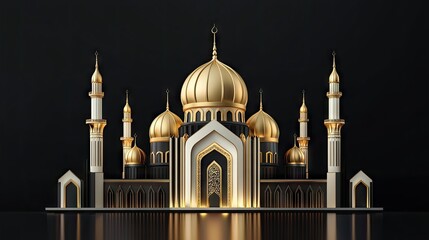 Majestic golden mosque design with intricate details, perfect for Islamic themes and religious events.