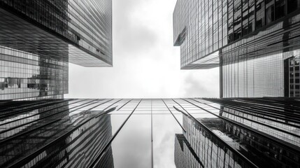 Urban Skyscrapers Bottom Up View, Modern Architecture, Cloudy Sky, Reflection
