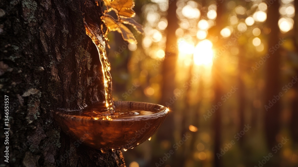 Poster a close-up of rubber sap flowing from a tree into a bowl at sunset in a forest, evoking a natural, r