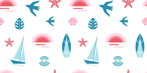 Summer seamless pattern with icons or badges of vacation mood in flat design. Modern geometric vector illustrations. Trendy background for poster, card, banner, printing on fabric.