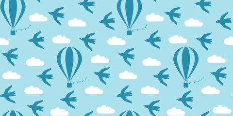 Summer seamless pattern with icons or badges of vacation mood in flat design. Modern geometric vector illustrations. Trendy background for poster, card, banner, printing on fabric.