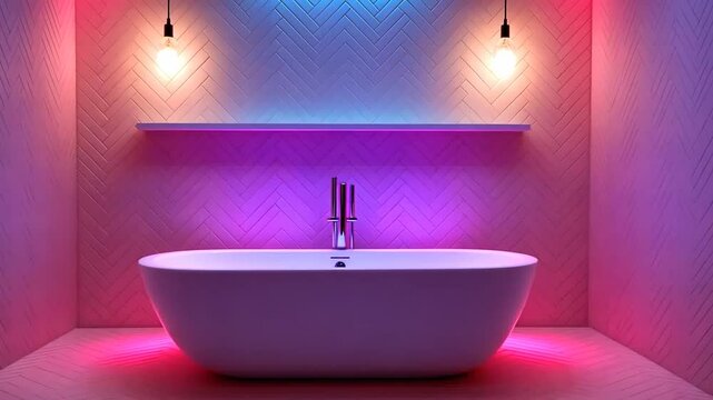 Modern bathtub in a bright neon-lit bathroom with herringbone tile walls and a shelf.