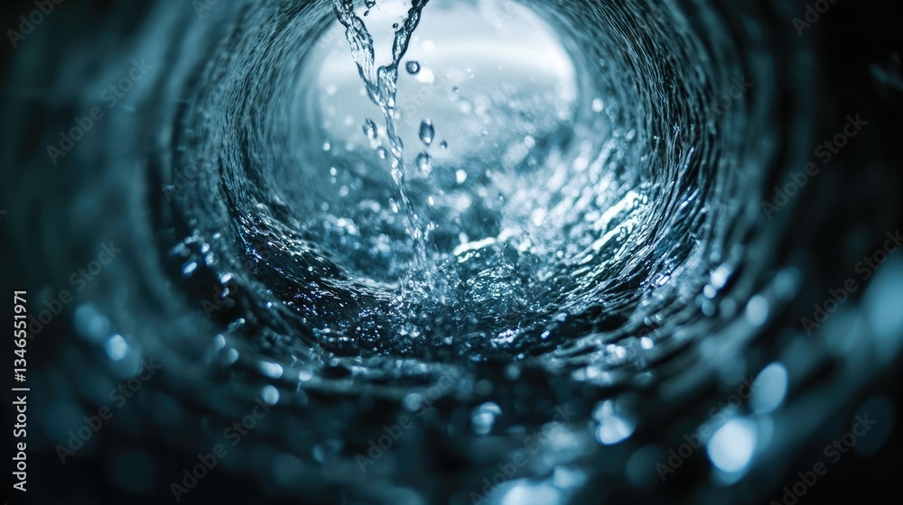 Poster a close-up of water pouring out of a spiral pipe, with smooth, continuous flow and details of the wa