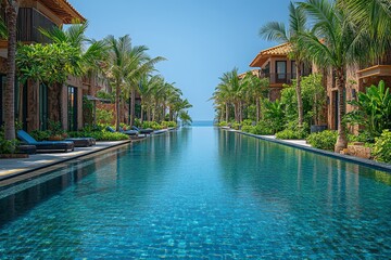 Obraz premium Luxury hotel swimming pool on a tropical island in Hainan, China, surrounded by palm trees and blue water, captured in high resolution.