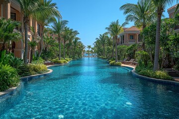 Fototapeta premium Luxury hotel swimming pool on a tropical island in Hainan, China, surrounded by palm trees and blue water, captured in high resolution.
