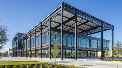 Fototapeta premium Contemporary office building exterior with a metal frame and open space.