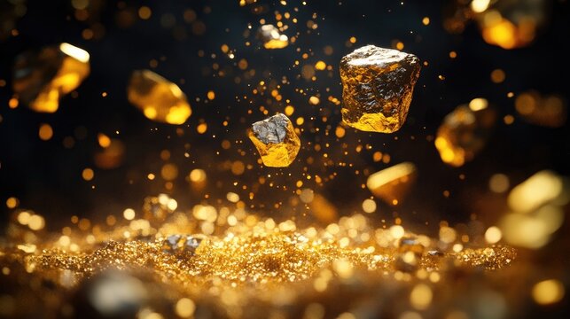 A collection of golden nuggets in motion, floating gracefully above a pile of gold dust, set against a dark backdrop that highlights their brilliance.
