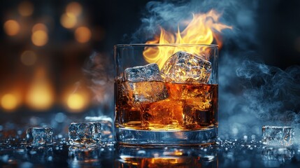 Flaming whiskey rocks glass with ice and smoke