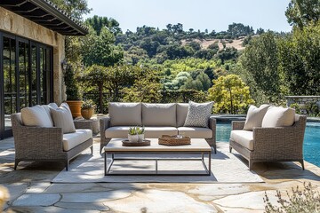 Obraz premium Modern four-piece outdoor furniture set with gray cushions, metal frame, and wicker texture by the poolside in a bright garden setting.