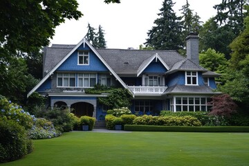 Blue Victorian house with lush green lawn and garden.
