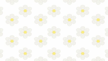 Delicate white daisies bloom in a seamless pattern on a clean white surface, evoking a sense of calm and simple beauty.