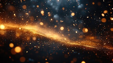 Fototapeta premium Golden sparkles swirl, dark background, bokeh, abstract