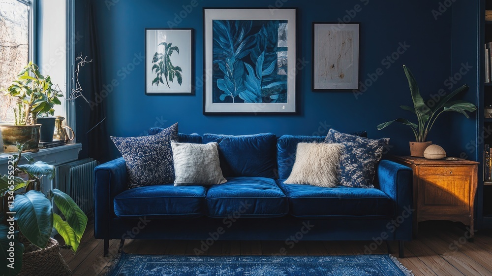 Poster a cozy living room featuring deep blue tones, accented with patterned textiles and a comfy blue sofa