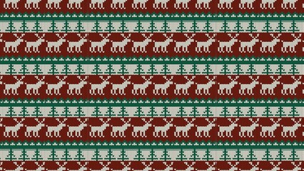 Festive reindeer prance across a knitted Christmas sweater pattern, creating a cozy and traditional holiday atmosphere with repeating motifs and warm colors.