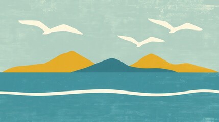 Island Landscape with Ocean, Seagulls, and Minimalist Art.