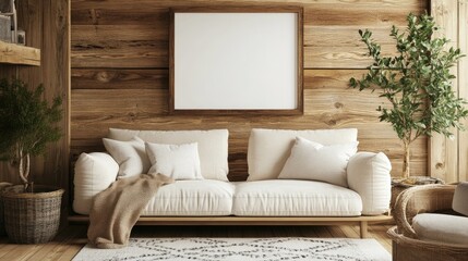 A cozy living room in rustic style, with a soft off-white sofa, an empty frame on the wooden wall, and natural decor accents for a warm and inviting atmosphere.