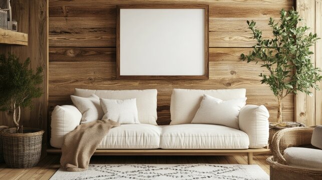 A cozy living room in rustic style, with a soft off-white sofa, an empty frame on the wooden wall, and natural decor accents for a warm and inviting atmosphere.