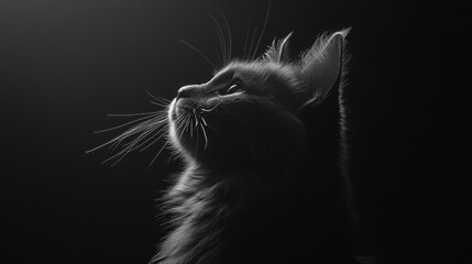 Dramatic silhouette of fluffy cat in profile against dark background