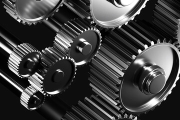 shows a close-up of multiple interlocking metal gears, reflecting light, creating a mechanical and industrial aesthetic. 3d image