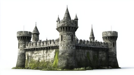 Fototapeta premium Medieval castle stone towers walls isolated on white. AI generated