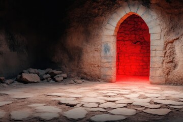 Ancient stone archway, red light, mysterious
